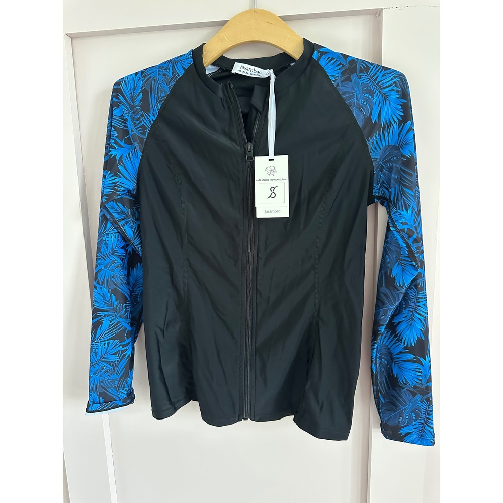 Jasambac Womens Long Sleeve Rash Guard Blue Tropical Leaf Zip Front‎ Swim Top S